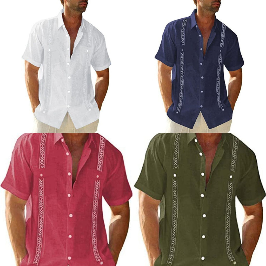 Men's Guayabera Cuban Shirt - Casual Short Sleeve Printed Streetwear
