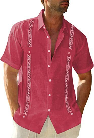 Men's Guayabera Cuban Shirt - Casual Short Sleeve Printed Streetwear