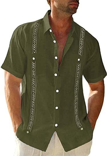 Men's Guayabera Cuban Shirt - Casual Short Sleeve Printed Streetwear