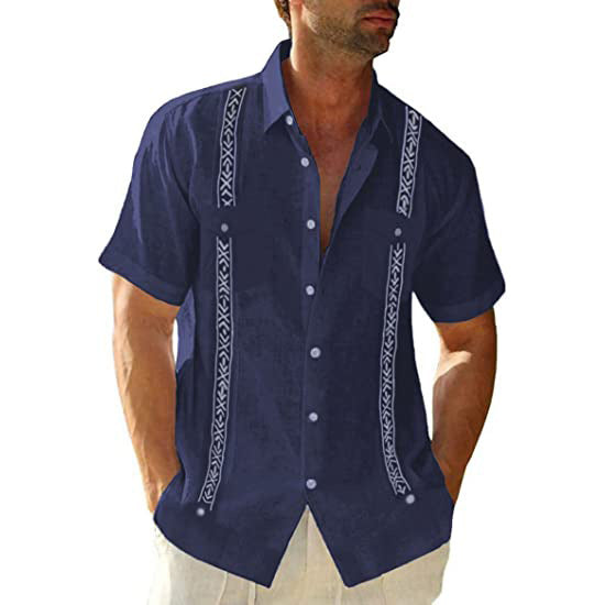 Men's Guayabera Cuban Shirt - Casual Short Sleeve Printed Streetwear