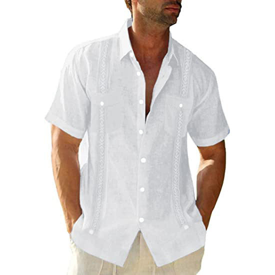 Men's Guayabera Cuban Shirt - Casual Short Sleeve Printed Streetwear