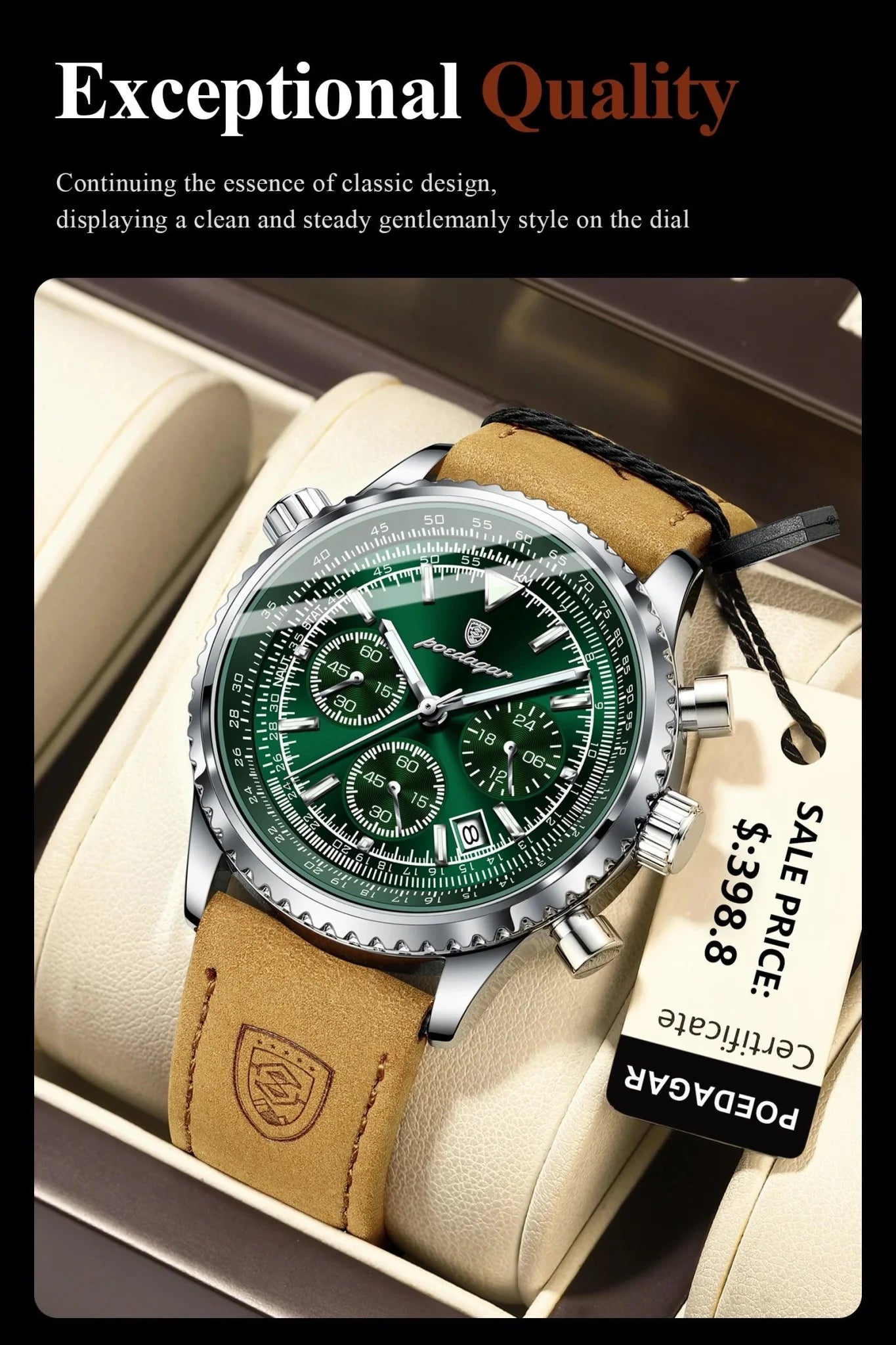 POEDAGAR Men's Luxury Quartz Chronograph Watch - Waterproof, Luminous, Leather - Military Sports Style