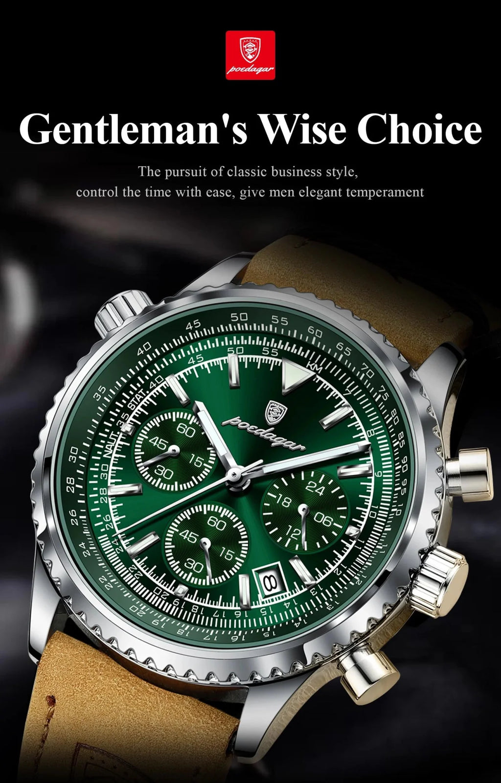 POEDAGAR Men's Luxury Quartz Chronograph Watch - Waterproof, Luminous, Leather - Military Sports Style