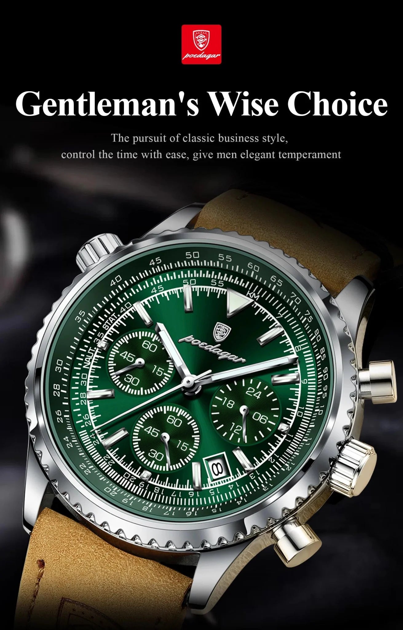 POEDAGAR Men's Luxury Quartz Chronograph Watch - Waterproof, Luminous, Leather - Military Sports Style