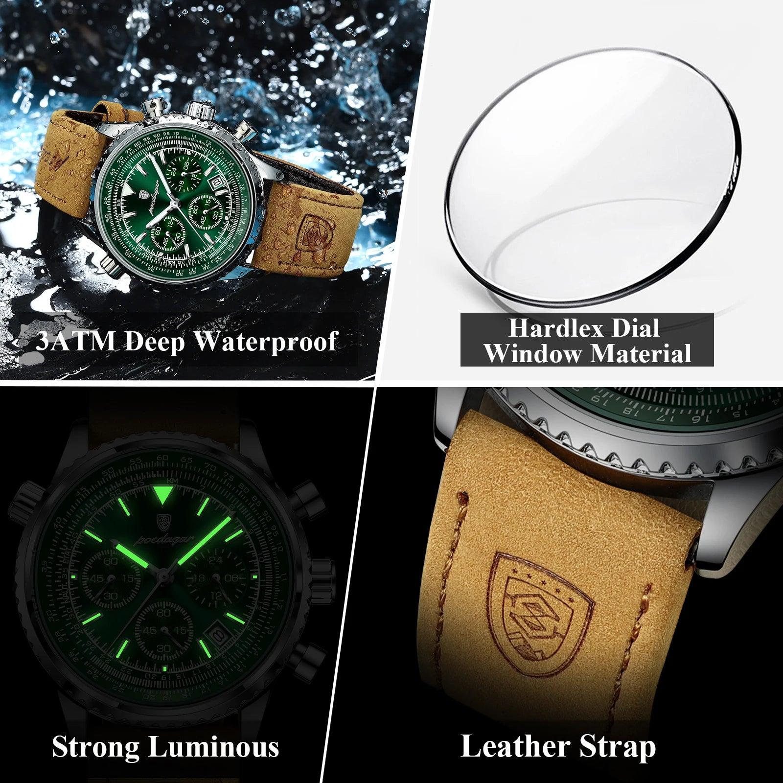 POEDAGAR Men's Luxury Quartz Chronograph Watch - Waterproof, Luminous, Leather - Military Sports Style