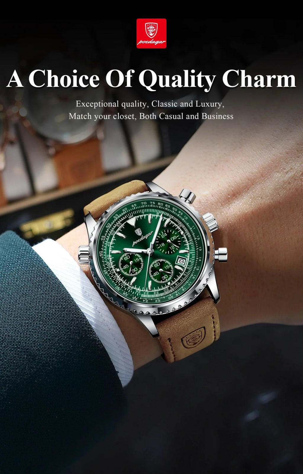 POEDAGAR Men's Luxury Quartz Chronograph Watch - Waterproof, Luminous, Leather - Military Sports Style