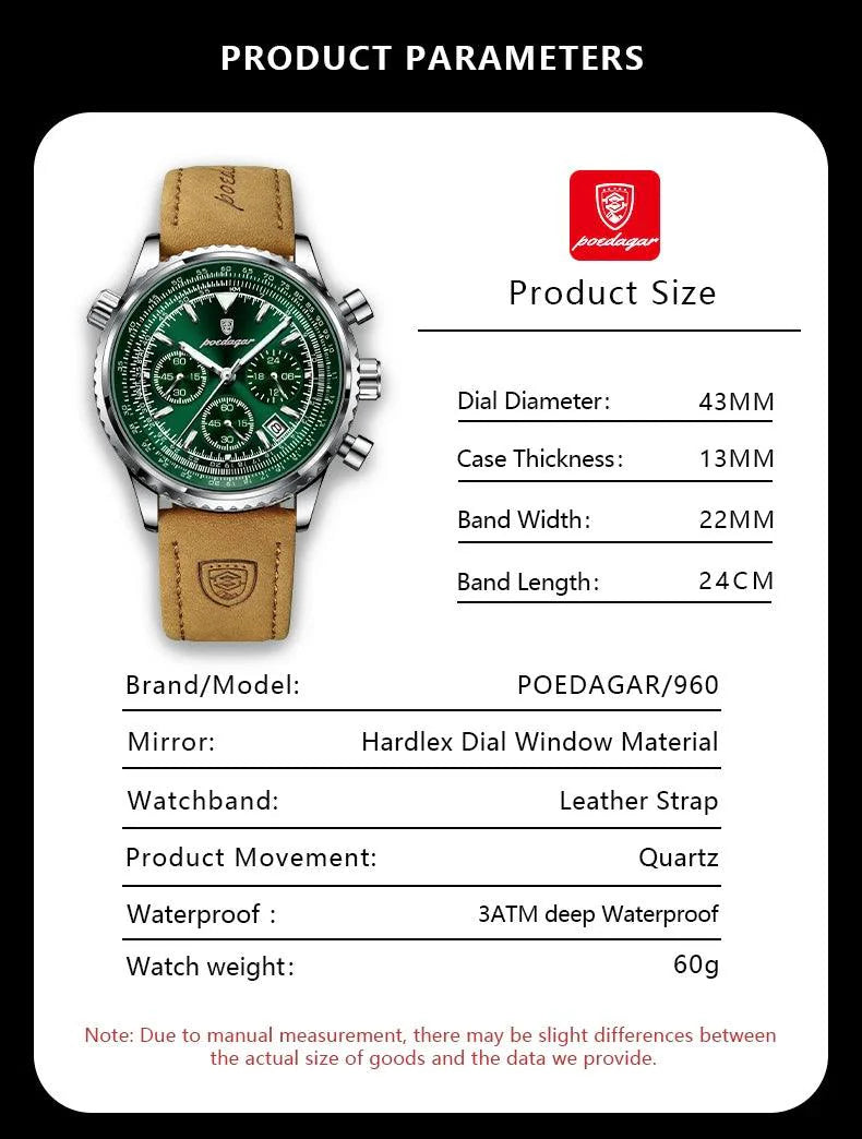 POEDAGAR Men's Luxury Quartz Chronograph Watch - Waterproof, Luminous, Leather - Military Sports Style